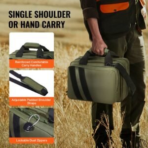 range bag for 2 pistols, tactical gun bag with 2 built in removable pistol bags & 6 detachable magazines, gun range bag for outdoor hunting shooting, lockable carrying handgun bag case, green