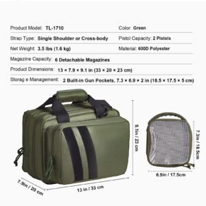 range bag for 2 pistols, tactical gun bag with 2 built in removable pistol bags & 6 detachable magazines, gun range bag for outdoor hunting shooting, lockable carrying handgun bag case, green