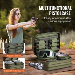 Range Bag for 2 Pistols, Tactical Gun Bag with 2 Built-in Removable Pistol Bags & 6 Detachable Magazines, Gun Range Bag for Outdoor Hunting Shooting, Lockable Carrying Handgun Bag Case, Green