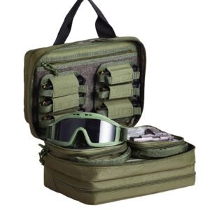range bag for 2 pistols, tactical gun bag with 2 built in removable pistol bags & 6 detachable magazines, gun range bag for outdoor hunting shooting, lockable carrying handgun bag case, green