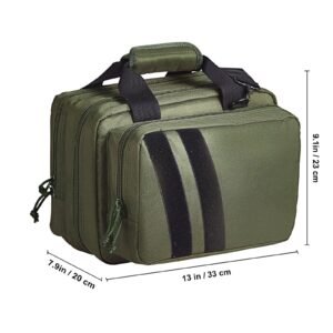 range bag for 2 pistols, tactical gun bag with 2 built in removable pistol bags & 6 detachable magazines, gun range bag for outdoor hunting shooting, lockable carrying handgun bag case, green