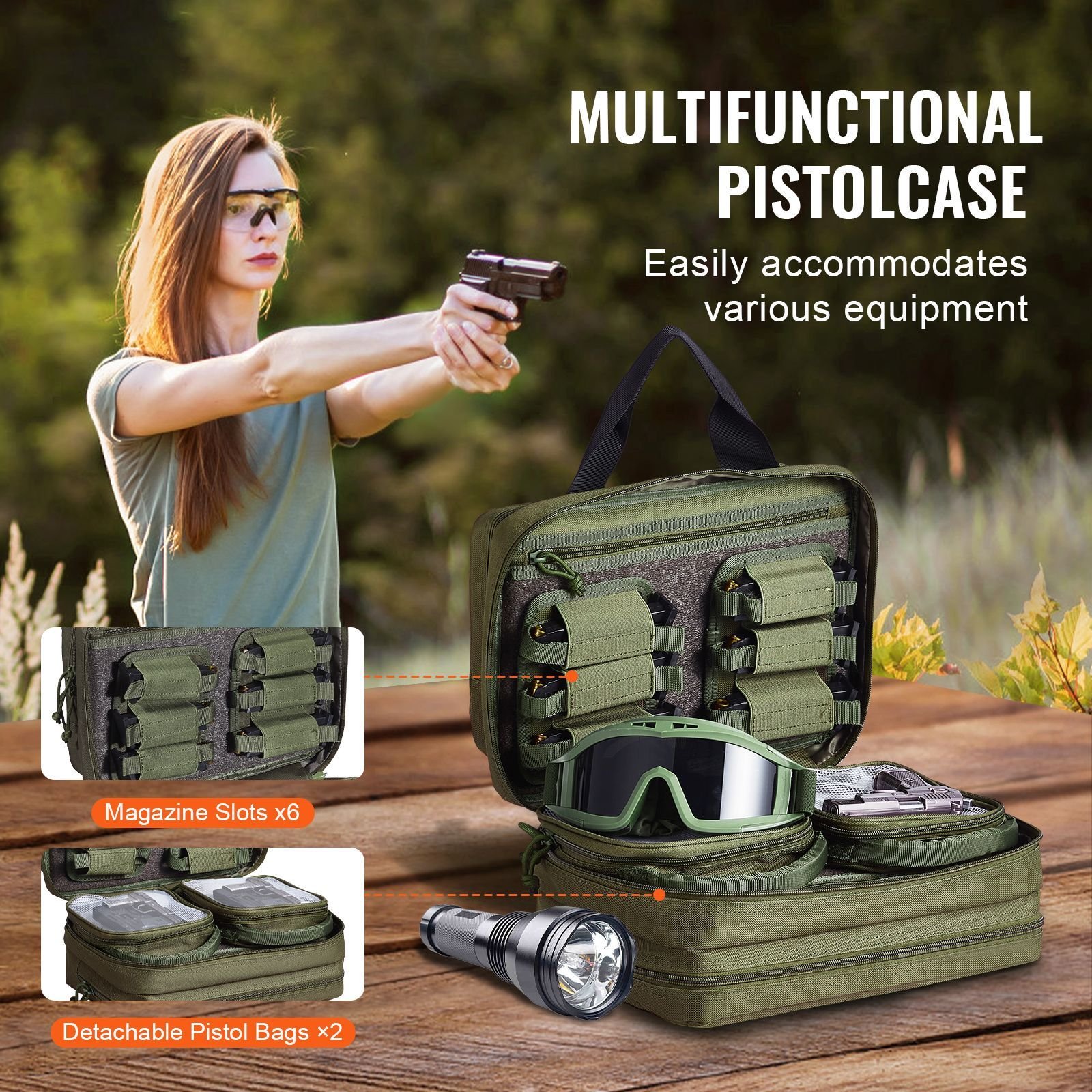 range bag for 2 pistols, tactical gun bag with 2 built in removable pistol bags & 6 detachable magazines, gun range bag for outdoor hunting shooting, lockable carrying handgun bag case, green