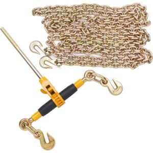 ratchet chain binder 2pcs, 3/8" 1/2" heavy duty load binders, with g80 chains 12000 lbs secure load limit, labor saving anti skid handle, tie down hauling chain binders for flatbed truck trailer