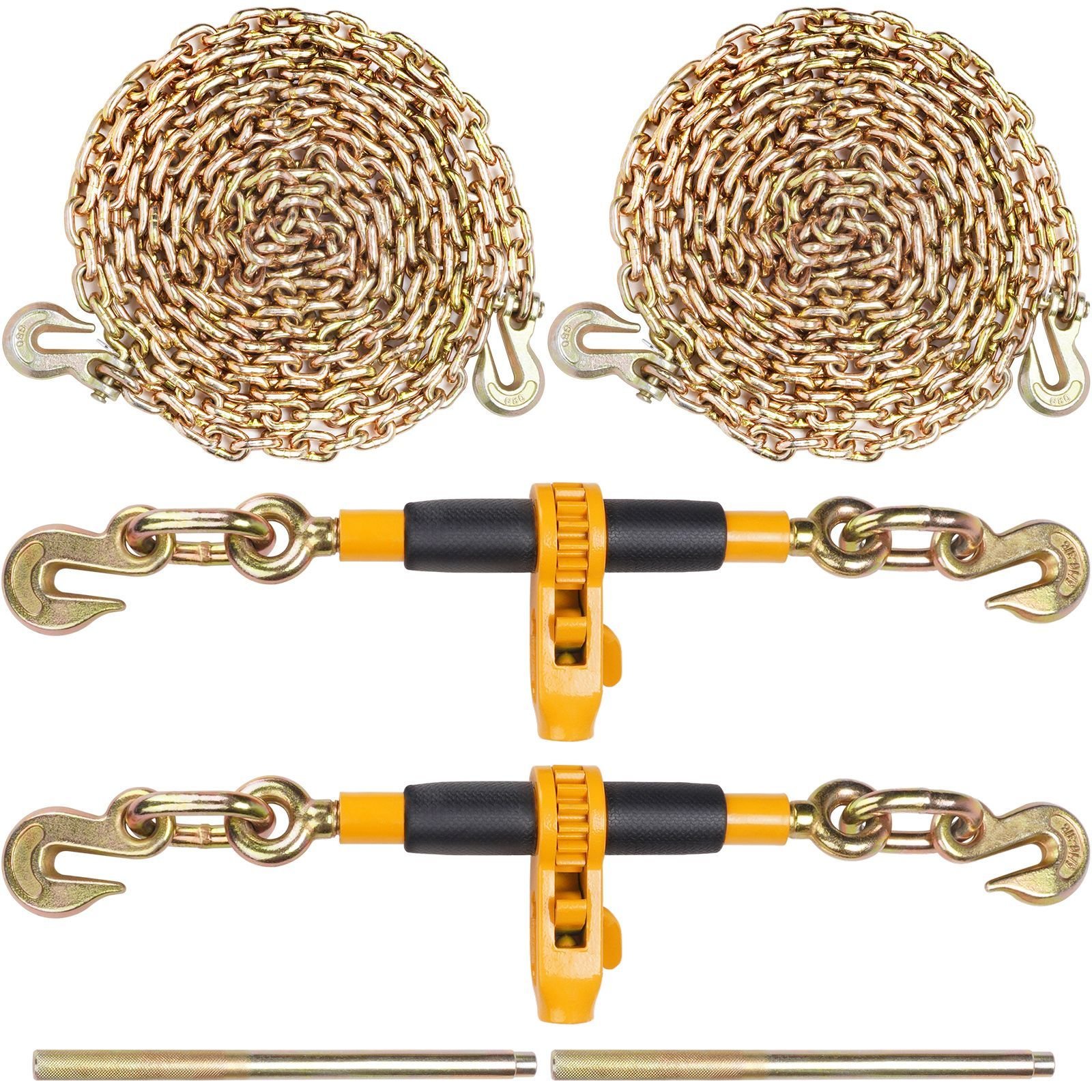 ratchet chain binder 2pcs, 3/8" 1/2" heavy duty load binders, with g80 chains 12000 lbs secure load limit, labor saving anti skid handle, tie down hauling chain binders for flatbed truck trailer