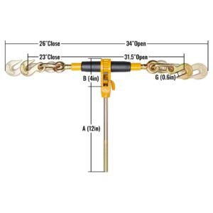 ratchet chain binder, 3/8" 1/2" heavy duty load binders, with g80 hooks 12000 lbs secure load limit, labor saving anti skid handle, tie down hauling chain binders for flatbed truck trailer, 4 pc