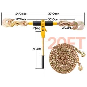 ratchet chain binder, 5/16" 3/8" heavy duty load binders, with g80 chains 7100 lbs secure load limit, labor saving anti skid handle, tie down hauling chain binders for flatbed truck trailer, 4 p