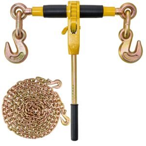 ratchet chain binder, 5/16" 3/8" heavy duty load binders, with g80 chains 7100 lbs secure load limit, labor saving anti skid handle, tie down hauling chain binders for flatbed truck trailer, 4 p