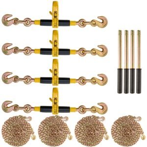 ratchet chain binder, 5/16" 3/8" heavy duty load binders, with g80 chains 7100 lbs secure load limit, labor saving anti skid handle, tie down hauling chain binders for flatbed truck trailer, 4 p