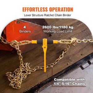 ratchet chain binders, 1/4" 5/16", 2600 lbs safe working load, 4 pack load binder with 2 grab hooks, tie downs for transport chain, heavy duty tow chain ratchet binders for flatbed truck trailer