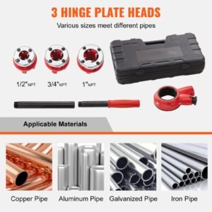 ratchet pipe threader kit, 1/2" npt, 3/4" npt, 1" npt manual ratcheting pipe threader, portable pipe threading tool set with 3pcs npt dies, storage case for galvanized aluminum iron copper pipes