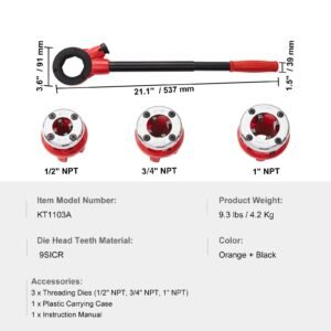 ratchet pipe threader kit, 1/2" npt, 3/4" npt, 1" npt manual ratcheting pipe threader, portable pipe threading tool set with 3pcs npt dies, storage case for galvanized aluminum iron copper pipes