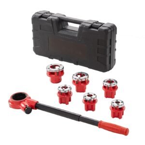 ratchet pipe threader kit, 1/4" npt 1 1/4" npt manual ratcheting pipe threader, portable pipe threading tool set with 6pcs npt dies, storage case for galvanized aluminum iron copper pipes