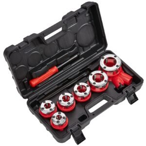 ratchet pipe threader kit, 1/4" npt 1 1/4" npt manual ratcheting pipe threader, portable pipe threading tool set with 6pcs npt dies, storage case for galvanized aluminum iron copper pipes