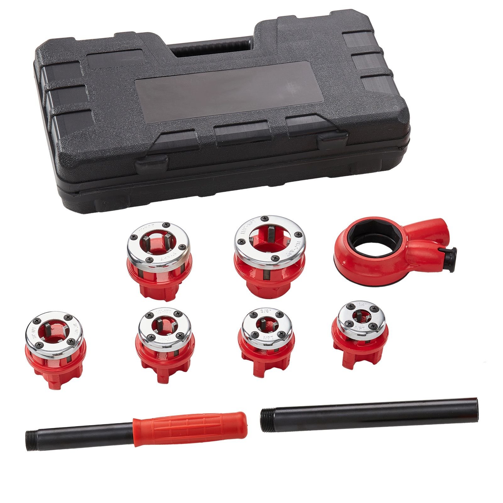 ratchet pipe threader kit, 1/4" npt 1 1/4" npt manual ratcheting pipe threader, portable pipe threading tool set with 6pcs npt dies, storage case for galvanized aluminum iron copper pipes