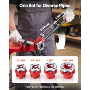 ratchet pipe threader kit with 4 dies, 1/2" npt, 3/4" npt, 1" npt, 1 1/4" npt manual ratcheting pipe threading tool, portable pipes threader set with toolbox for plumbing installation & repair