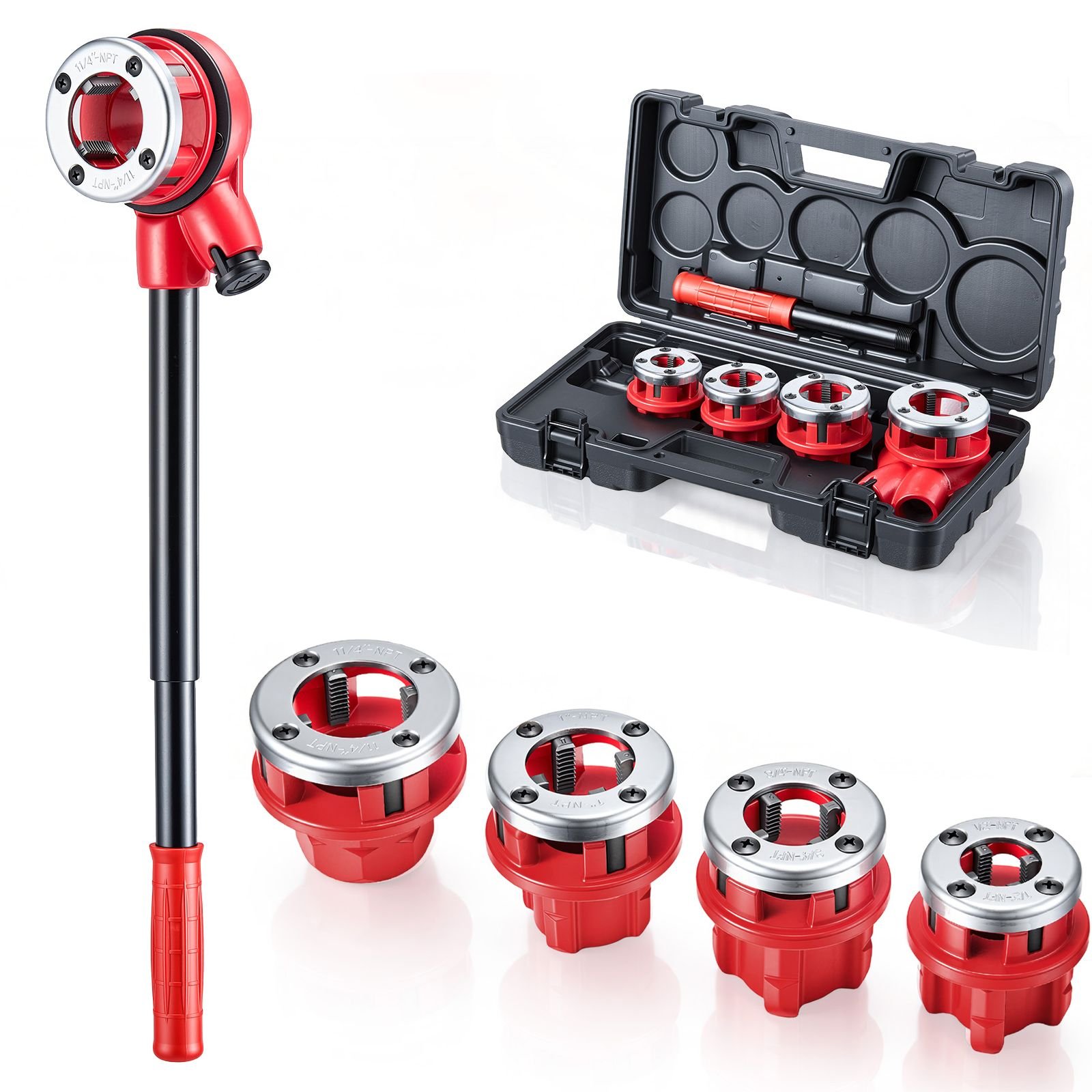 ratchet pipe threader kit with 4 dies, 1/2" npt, 3/4" npt, 1" npt, 1 1/4" npt manual ratcheting pipe threading tool, portable pipes threader set with toolbox for plumbing installation & repair