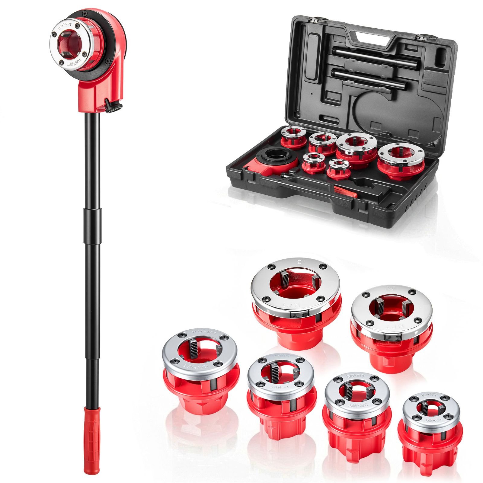 ratchet pipe threader kit with 6 dies, 1/2" npt to 2" npt manual ratcheting pipe threading tool, portable pipes threader set with toolbox for plumbing installation & repair