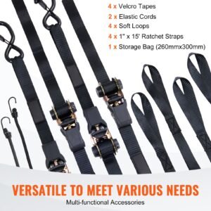 ratchet tie down straps (4pk), 2200 lb max break strength, includes 4 premium 1" x 15' rachet tie downs with padded handles, for moving securing cargo, appliances, lawn equipment, motorcycle