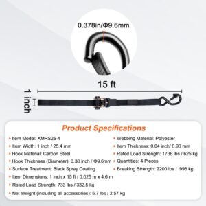 ratchet tie down straps (4pk), 2200 lb max break strength, includes 4 premium 1" x 15' rachet tie downs with padded handles, for moving securing cargo, appliances, lawn equipment, motorcycle