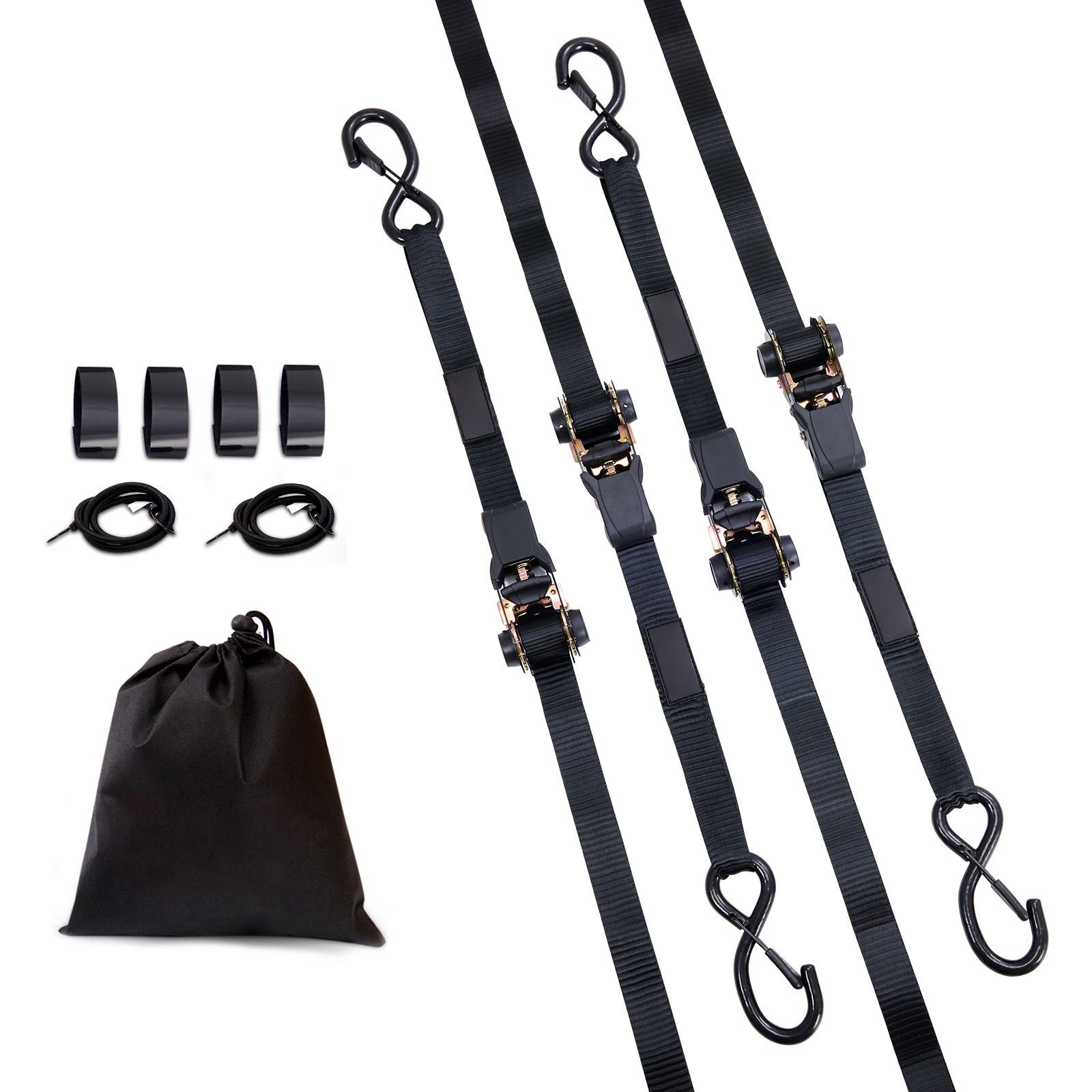 ratchet tie down straps (4pk), 2200 lb max break strength, includes 4 premium 1" x 15' rachet tie downs with padded handles, for moving securing cargo, appliances, lawn equipment, motorcycle