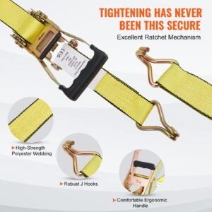 ratchet tie down straps (4pk), 5000 lb break strength, double j hook includes 4 premium 2" x 15' rachet tie downs with padded handles, for moving securing cargo, appliances, lawn equipment
