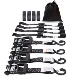 ratchet tie down straps (4pk), 5208 lb max break strength, includes 4 premium 1.6" x 8' rachet tie downs with padded handles, for moving securing cargo, appliances, lawn equipment, motorcycle