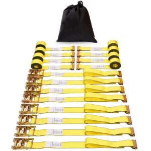ratchet tie down straps (8pk), 4400 lb break strength, e track endless ratchet with 8 premium 2" x 15' rachet tie downs heavy duty, for moving securing cargo, appliances, lawn equipment