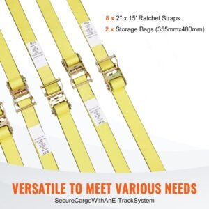 ratchet tie down straps (8pk), 4400 lb break strength, e track endless ratchet with 8 premium 2" x 15' rachet tie downs heavy duty, for moving securing cargo, appliances, lawn equipment