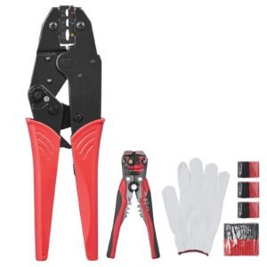ratcheting crimping tool set for insulated electrical connectors awg22 10 with wire stripper and 210pcs heat shrink tubes labor saving ratcheting wire crimp pliers