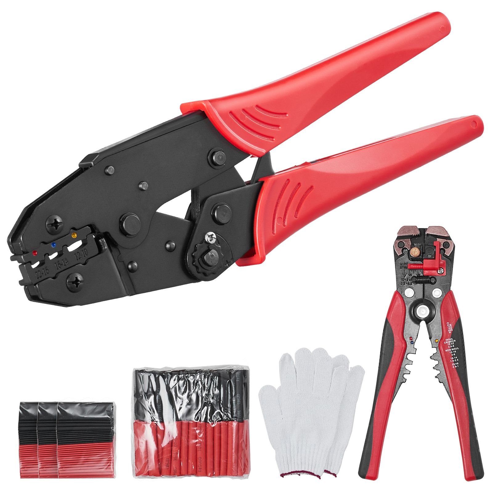 ratcheting crimping tool set for insulated electrical connectors awg22 10 with wire stripper and 210pcs heat shrink tubes labor saving ratcheting wire crimp pliers
