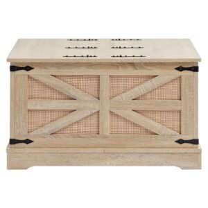 rattan coffee table, rectangle pe rattan woven wood coffee table with mdf top, 32 inch modern boho style storage coffee table with retro metal hinges, for living room, bedroom & small spaces