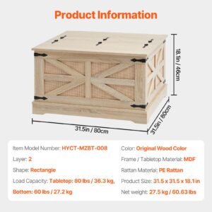 rattan coffee table, rectangle pe rattan woven wood coffee table with mdf top, 32 inch modern boho style storage coffee table with retro metal hinges, for living room, bedroom & small spaces