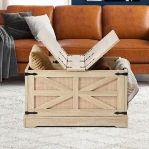 rattan coffee table, rectangle pe rattan woven wood coffee table with mdf top, 32 inch modern boho style storage coffee table with retro metal hinges, for living room, bedroom & small spaces