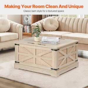 rattan coffee table, rectangle pe rattan woven wood coffee table with mdf top, 32 inch modern boho style storage coffee table with retro metal hinges, for living room, bedroom & small spaces
