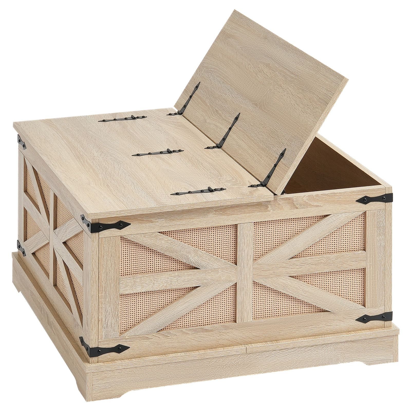 rattan coffee table, rectangle pe rattan woven wood coffee table with mdf top, 32 inch modern boho style storage coffee table with retro metal hinges, for living room, bedroom & small spaces