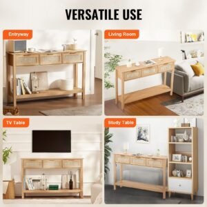 rattan console table with 3 storage drawers, rattan entryway table with natural rattan sliding door, console sofa table for living room, study, entryway or tv wall, natural