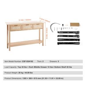 rattan console table with 3 storage drawers, rattan entryway table with natural rattan sliding door, console sofa table for living room, study, entryway or tv wall, natural