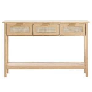 Rattan Console Table with 3 Storage Drawers, Rattan Entryway Table with Natural Rattan Sliding Door, Console Sofa Table for Living Room, Study, Entryway Or TV Wall, Natural