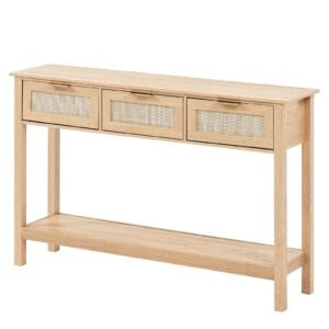 rattan console table with 3 storage drawers, rattan entryway table with natural rattan sliding door, console sofa table for living room, study, entryway or tv wall, natural