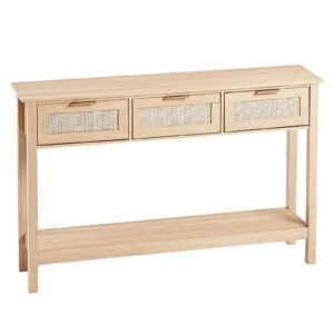 rattan console table with 3 storage drawers, rattan entryway table with natural rattan sliding door, console sofa table for living room, study, entryway or tv wall, natural