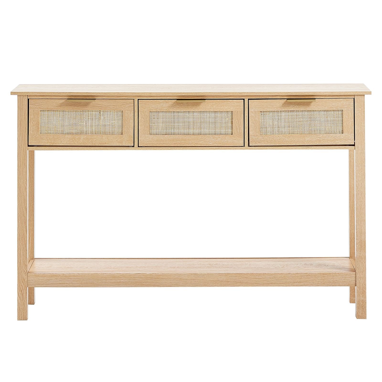 rattan console table with 3 storage drawers, rattan entryway table with natural rattan sliding door, console sofa table for living room, study, entryway or tv wall, natural