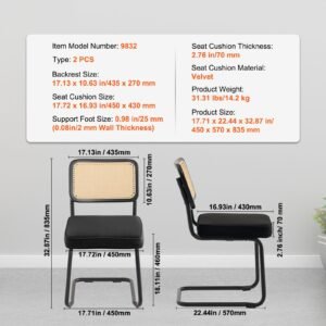 rattan dining chairs set of 2, mid century modern dining chair, upholstered velvet accent chair with rattan back, retro dining room kitchen chair for living room, bedroom, office (18.1 inch)