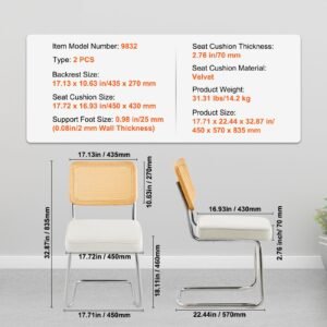 rattan dining chairs set of 2, mid century modern dining chair, upholstered velvet accent chair with rattan back, retro dining room kitchen chair for living room, bedroom, office (18.1 inch)