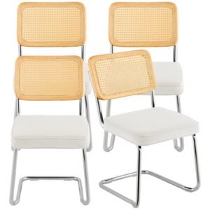 Rattan Dining Chairs Set of 4, Mid Century Modern Dining Chair, Upholstered Velvet Accent Chair with Rattan Back, Retro Dining Room Kitchen Chair for Living Room, Bedroom, Office (18.1 Inch)