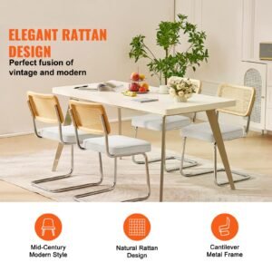 rattan dining chairs set of 4, mid century modern dining chair, upholstered velvet accent chair with rattan back, retro dining room kitchen chair for living room, bedroom, office (18.1 inch)
