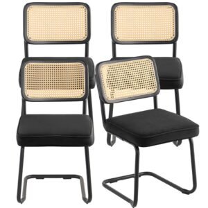 Rattan Dining Chairs Set of 4, Mid Century Modern Dining Chair, Upholstered Velvet Accent Chair with Rattan Back, Retro Dining Room Kitchen Chair for Living Room, Bedroom, Office (18.1 Inch)