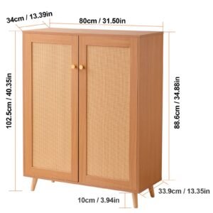 rattan shoe cabinet, 5 tiers shoe storage organizer with 2 doors and adjustable shelves, 40.35" tall rattan shoe storage entryway cabinet ideal for entryway, closet, hallway, light wood color