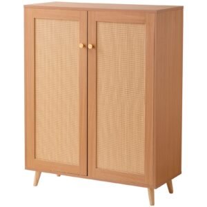 rattan shoe cabinet, 5 tiers shoe storage organizer with 2 doors and adjustable shelves, 40.35" tall rattan shoe storage entryway cabinet ideal for entryway, closet, hallway, light wood color