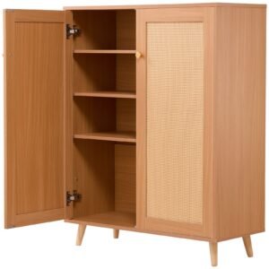 rattan shoe cabinet, 5 tiers shoe storage organizer with 2 doors and adjustable shelves, 40.35" tall rattan shoe storage entryway cabinet ideal for entryway, closet, hallway, light wood color