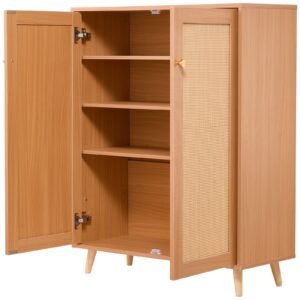 rattan shoe cabinet, 5 tiers shoe storage organizer with 2 doors and adjustable shelves, 40.35" tall rattan shoe storage entryway cabinet ideal for entryway, closet, hallway, light wood color